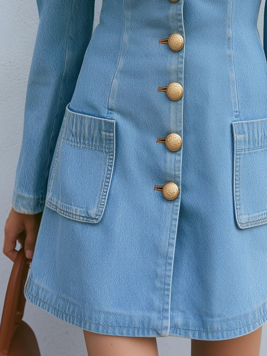 Light Wash Gold Buttons Denim Blazer Mini Dress