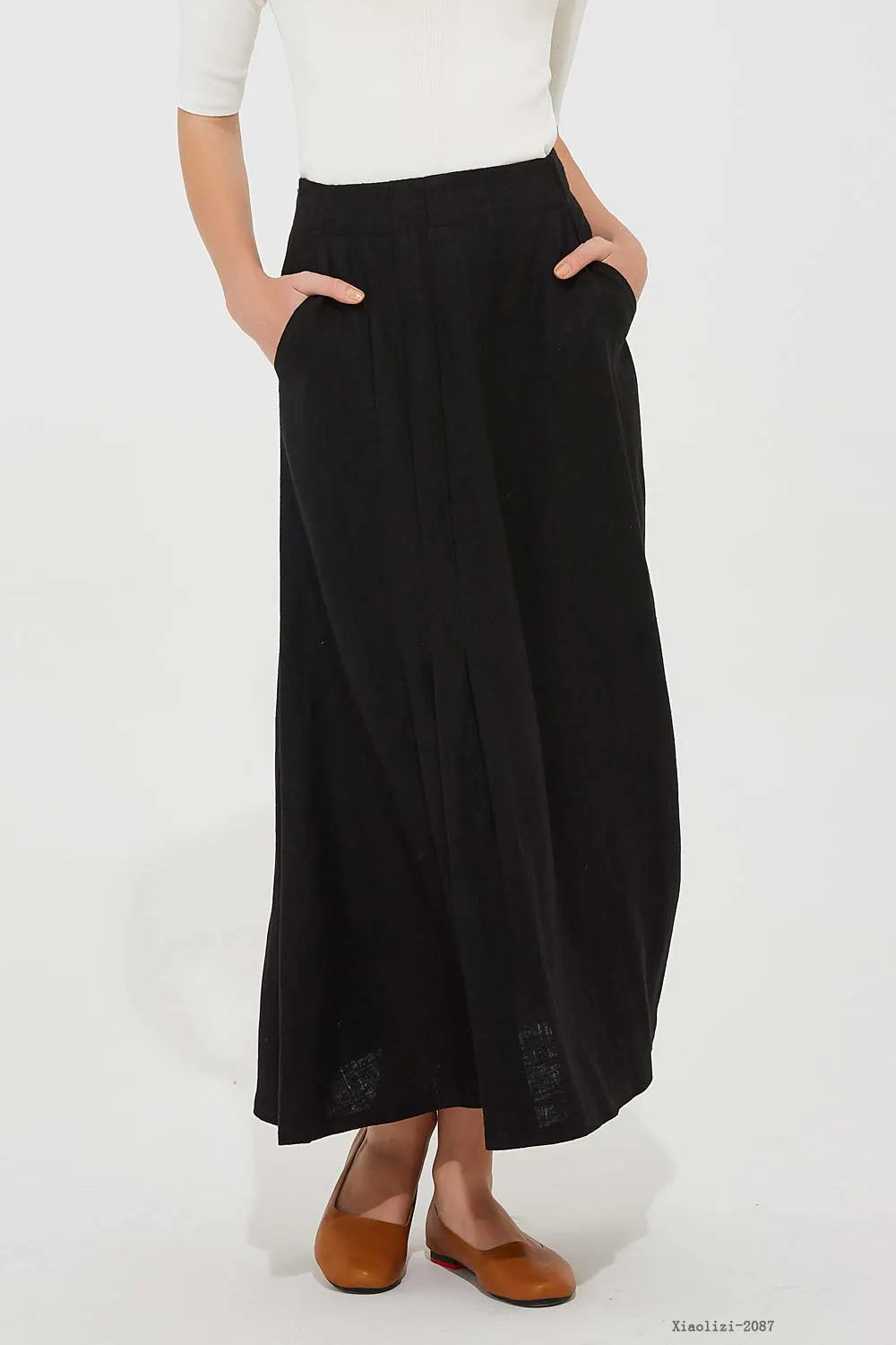 Black Linen A-Line Skirt - Pleated Design with Side Pockets 2087