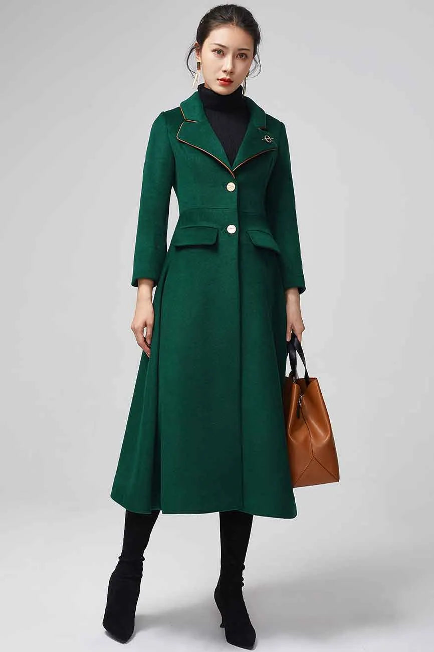 Emerald Green Wool Maxi Coat - Fitted Waist, Flowing Skirt 2202