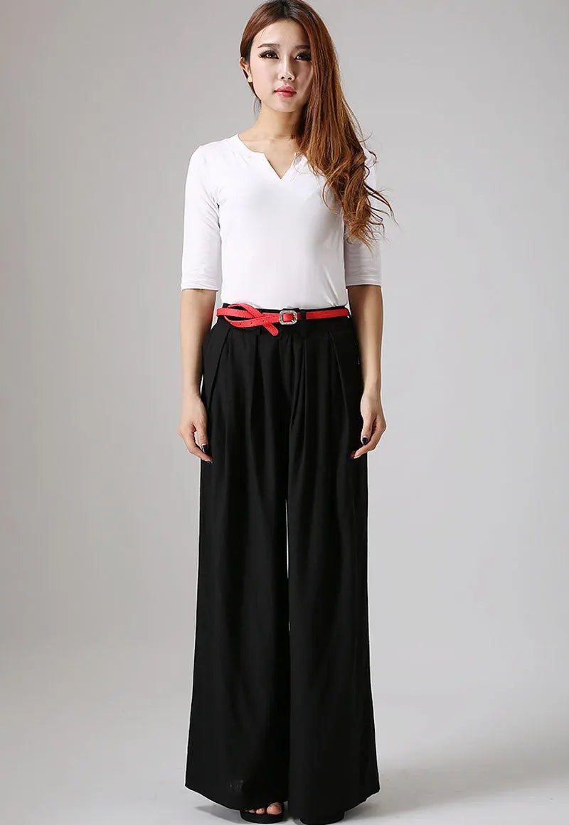 Black Linen Cotton Wide Leg Pants - Palazzo A-Line 