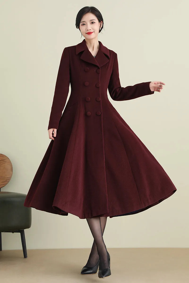 Handmade Wine Red Wool Coat – Vintage Double-Breasted Fit and Flare Overcoat 