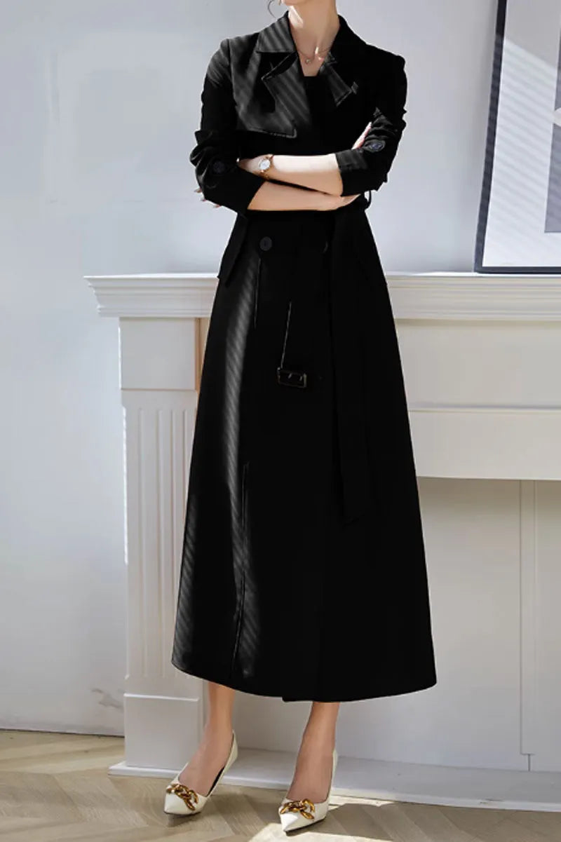 Camel Polyester Maxi Trench Coat - Tie Belt Waist, Lapel Collar 4600