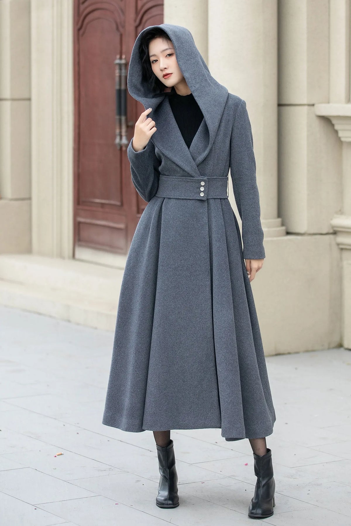 Gray Wool Hooded Long Coat - Oversize with Self Belt Waist 5344