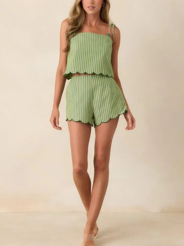Striped Scallop Hem Cami Top & Shorts Set
