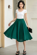 Dark Green Linen Midi Skirt - High-Waisted A-Line Flare 5834