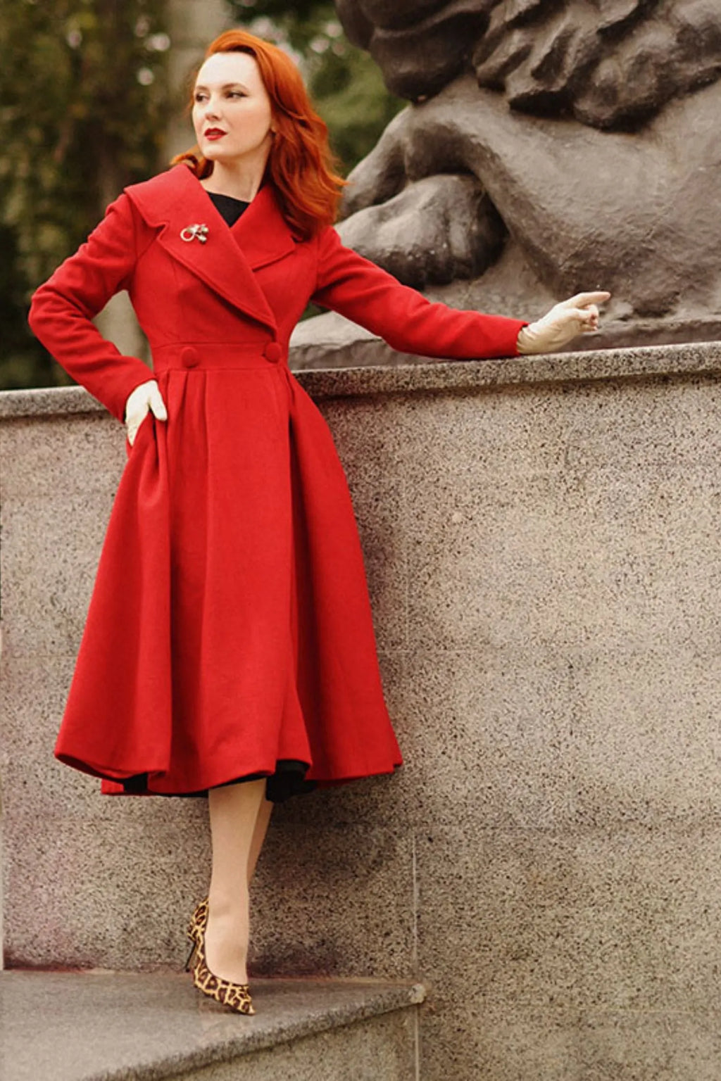 Elegant Red Wool Blend Coat – Handmade Fit & Flare Long Winter Coat 
