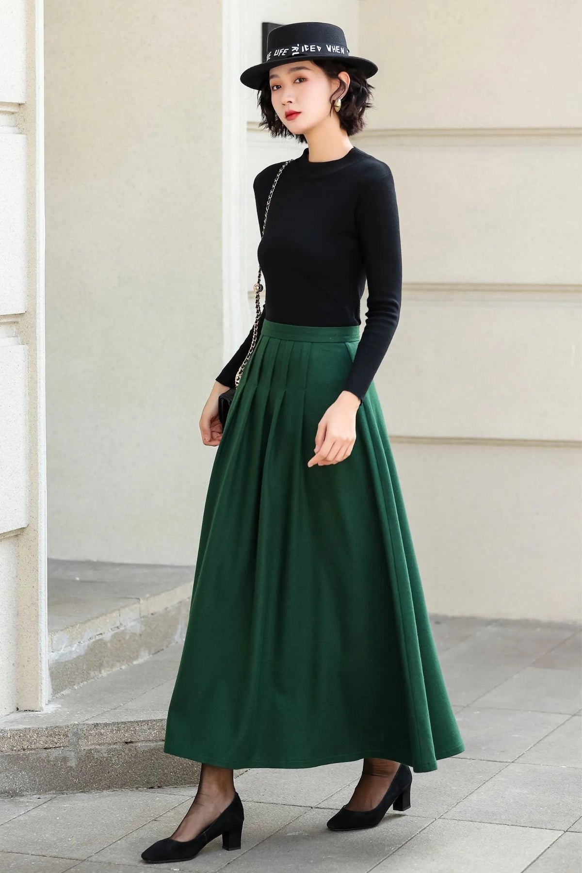 Green Wool Blend A-Line Ankle Length Skirt - High Waist Flowy 6973