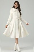 White Wool Blend Knee-Length Coat - Princess Silhouette with Belt 4520