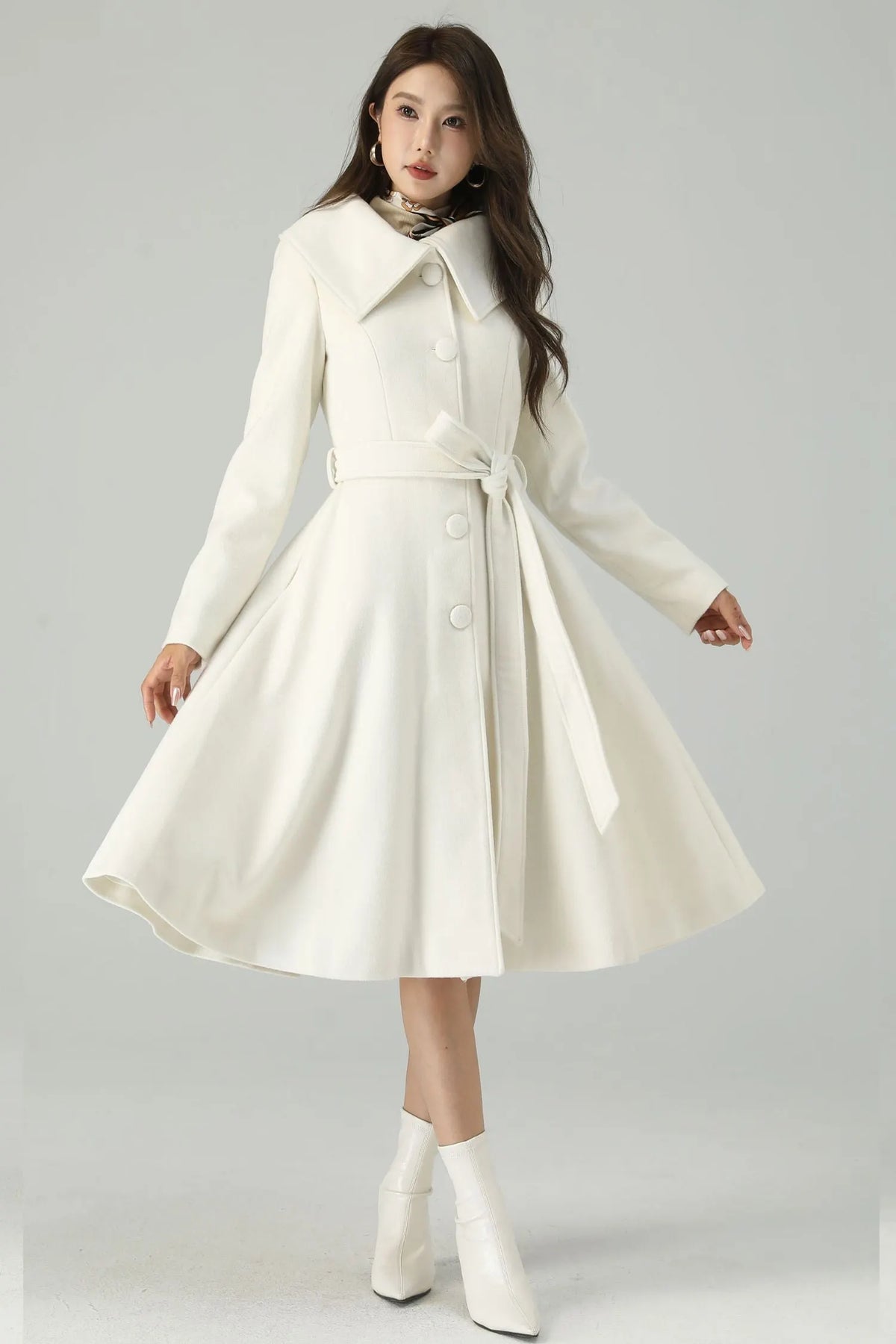 White Wool Blend Knee-Length Coat - Princess Silhouette with Belt 4520