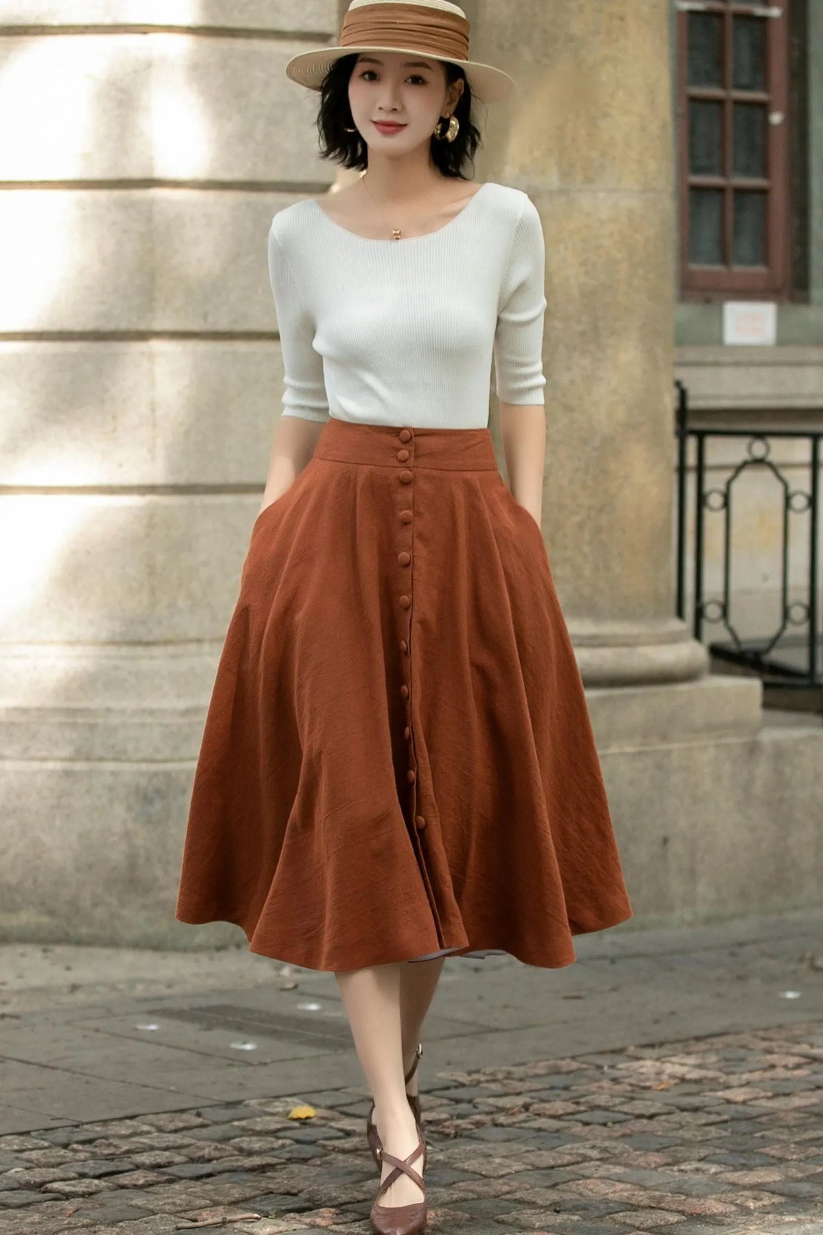 Handmade Linen Midi Skirt – Rust Brown Button Front Swing Skirt 