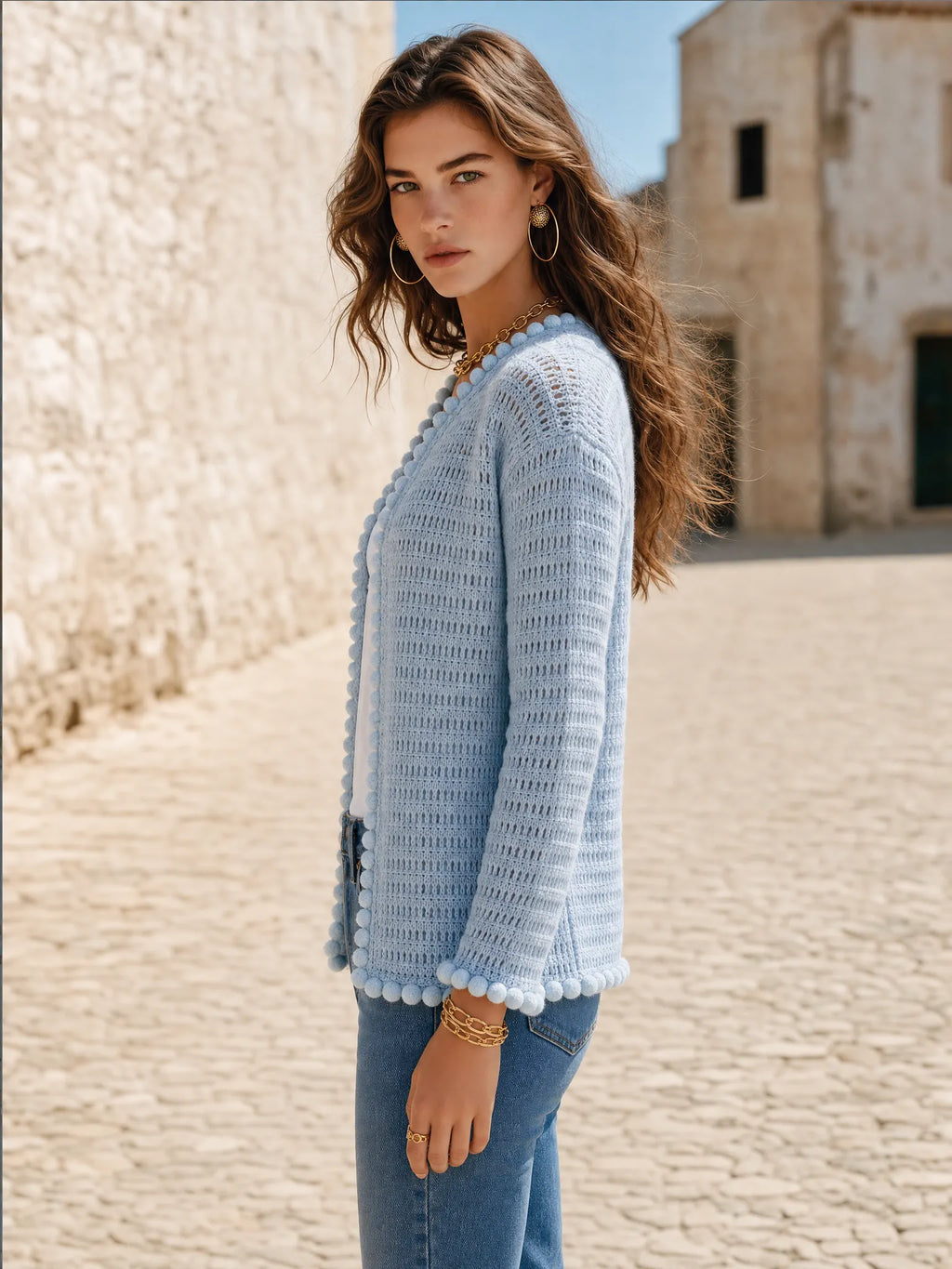 Resort-style Crew-neck Long-sleeve Pom-pom Trim Cardigan