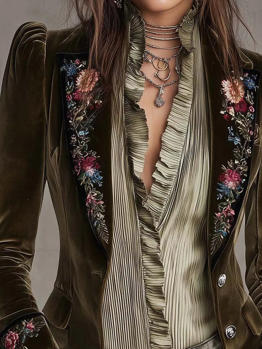 Elegant Boho Olive Velvet Jacket Floral Embroidered Puff Sleeve