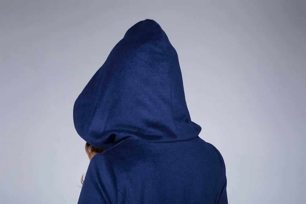 Navy Blue Hooded Wool Coat – Lantern Sleeve Winter Short Coat 
