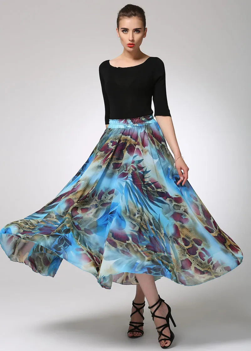 Abstract Print Chiffon Maxi Skirt for Women with Elastic Waist 