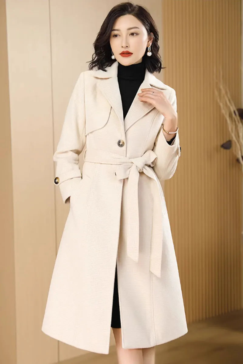 Beige Wool Coat Maxi Dress - Belted Waist Elegant Outerwear 4705