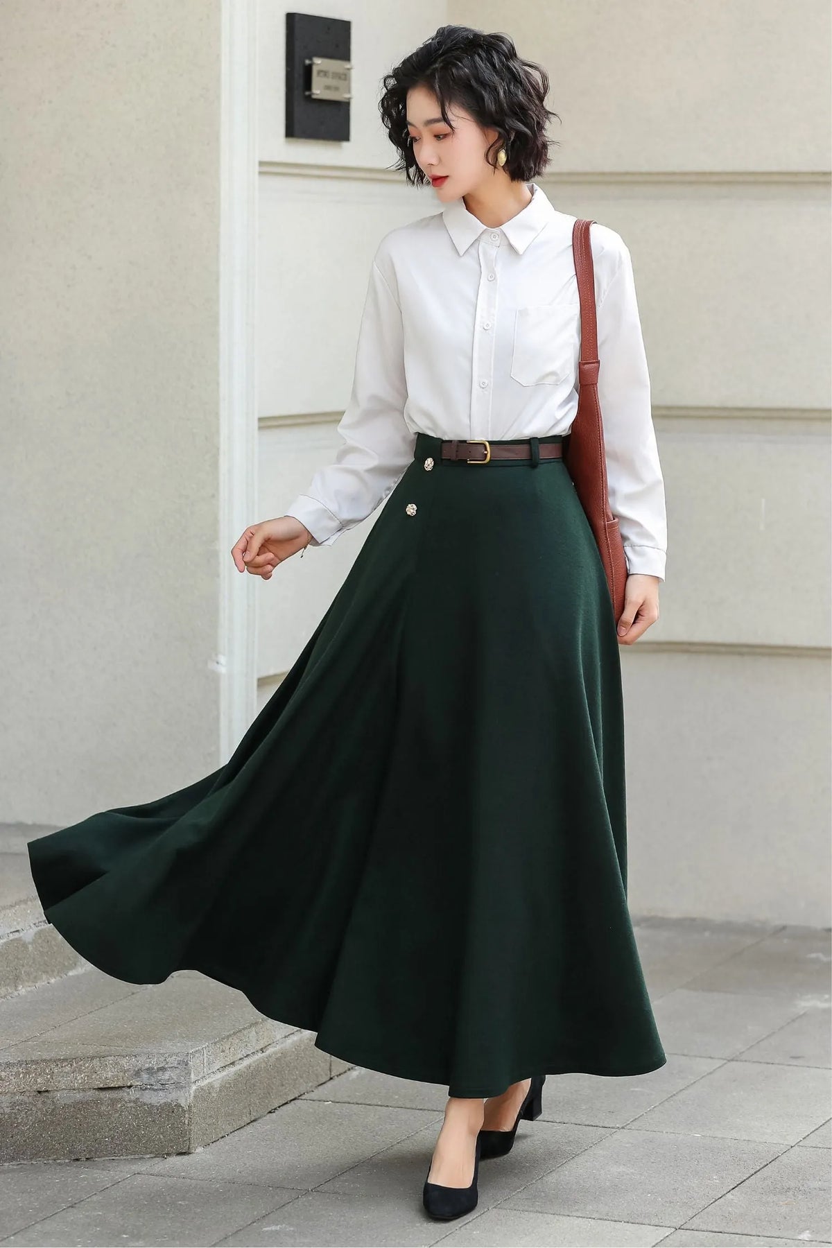 Dark Green Wool A-Line Ankle-Length Skirt - Flowy Elegant Winter Style 6976