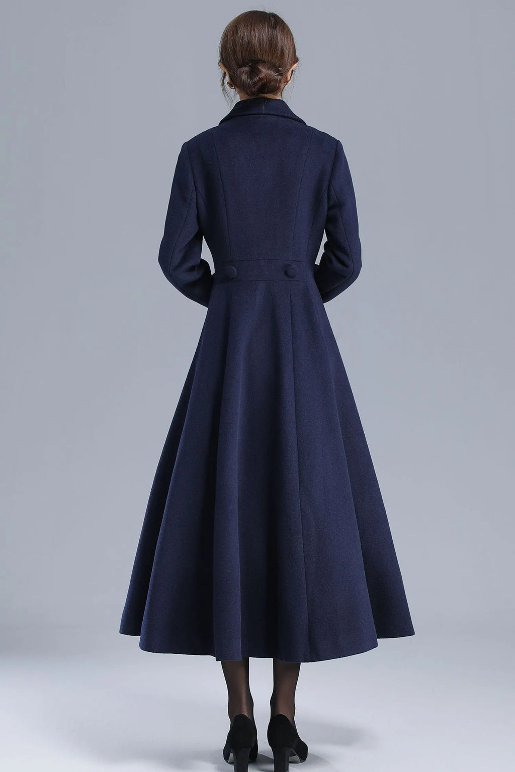 Navy Blue Wool Coat – Elegant Double-Breasted Fit and Flare Long Winter Overcoat 3208