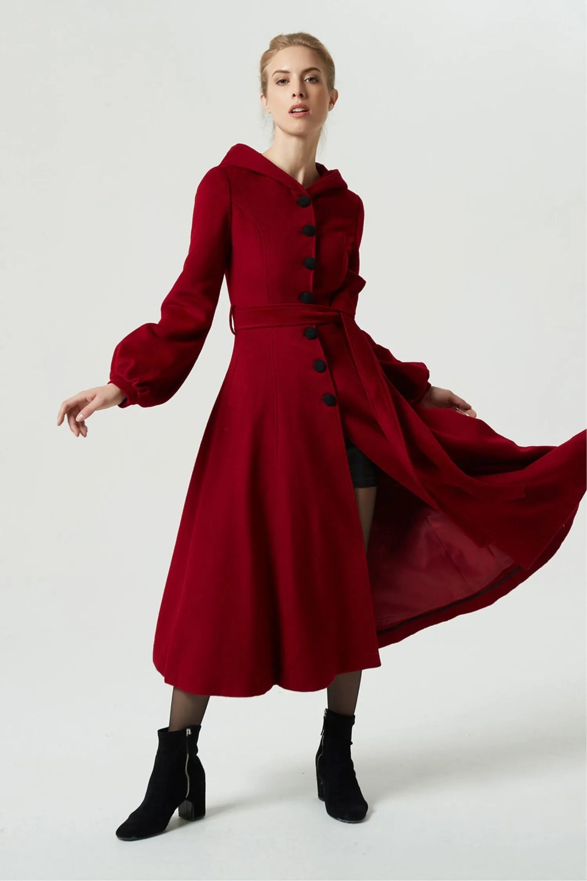 Burgundy Wool Coat Maxi Dress - Hooded, Lantern Sleeve, Tie Waist 1977