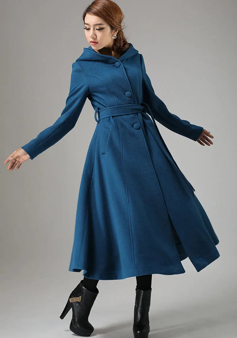Vintage Teal Blue Wool Coat – Handmade Hooded Belted Winter Overcoat 