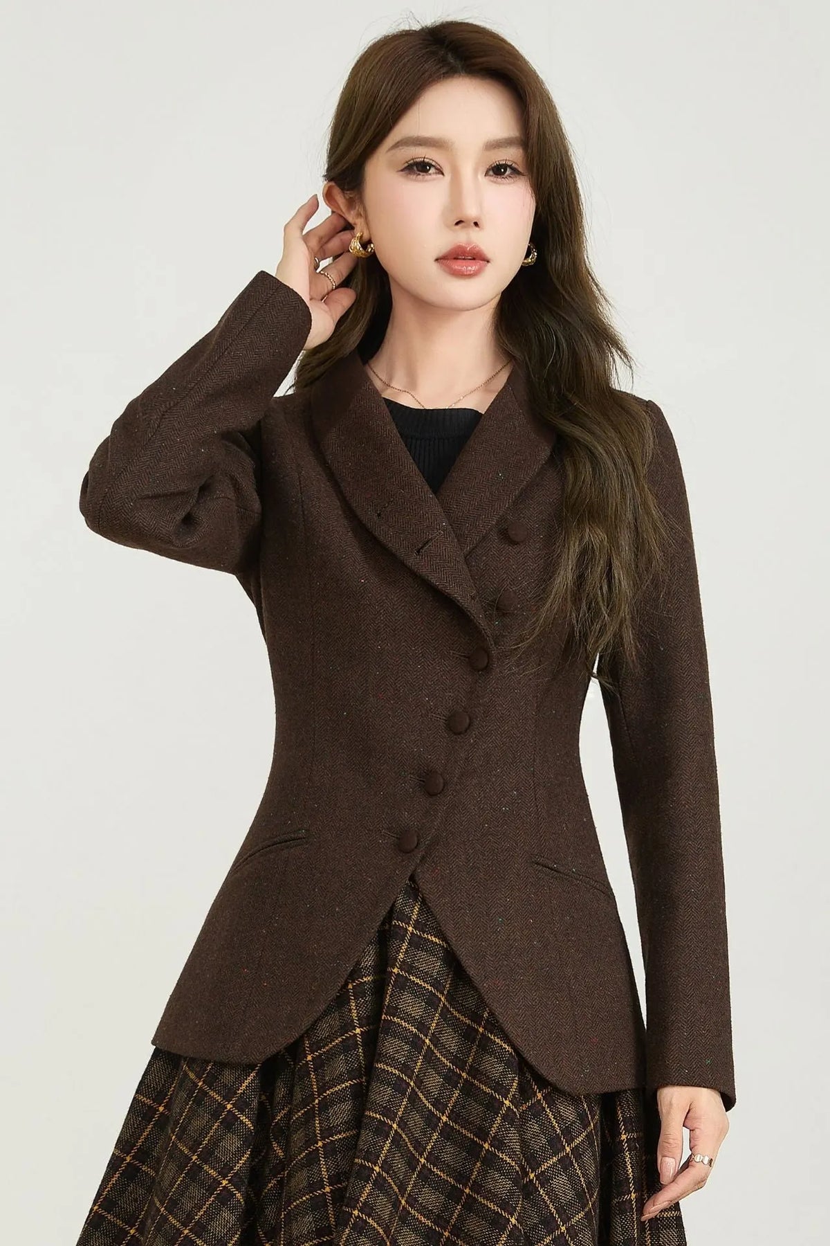 Vintage Wool Blend Short Coat – Handmade Brown Tailored Jacket 