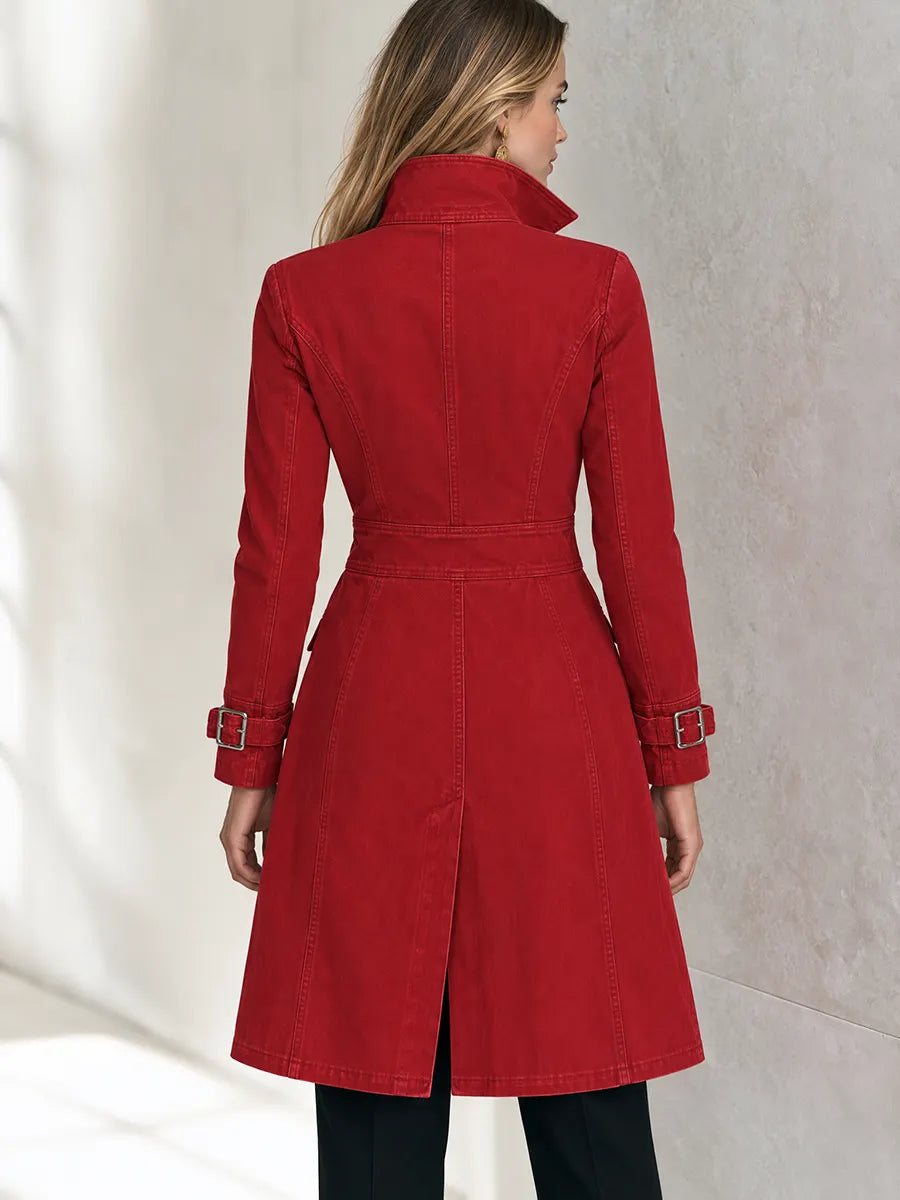 Women's Red Double-Breasted Denim Trench Coat