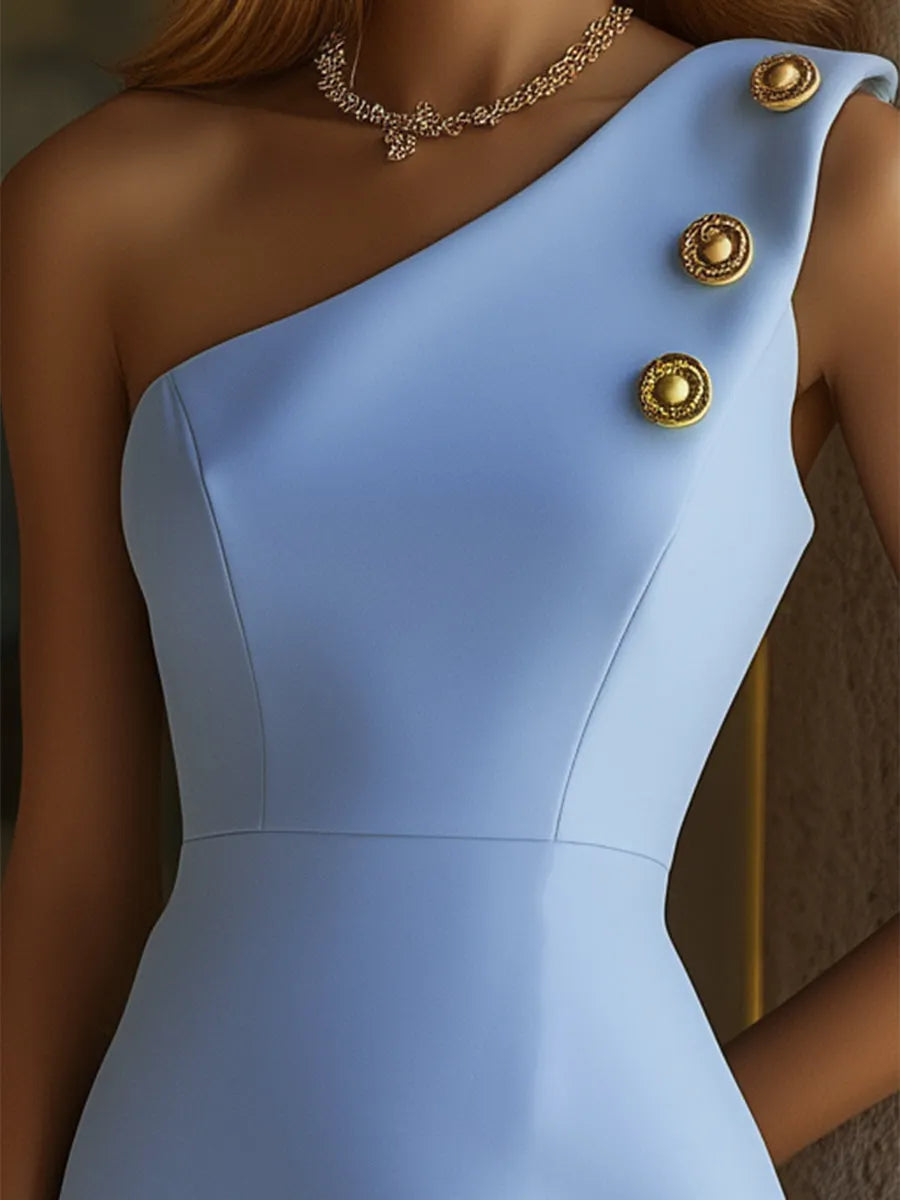 【24-hour shipping out】Women's Blue Off-shoulder Hip-wrapped Dress With Gold Buttons