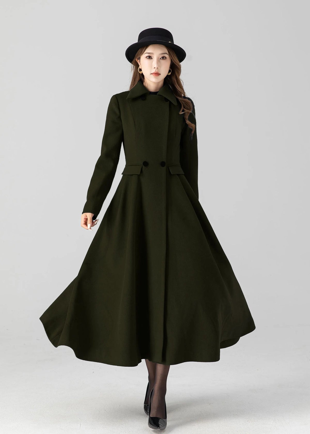 Army Green Wool Long Coat - Vintage Inspired A-Line Swing 5505