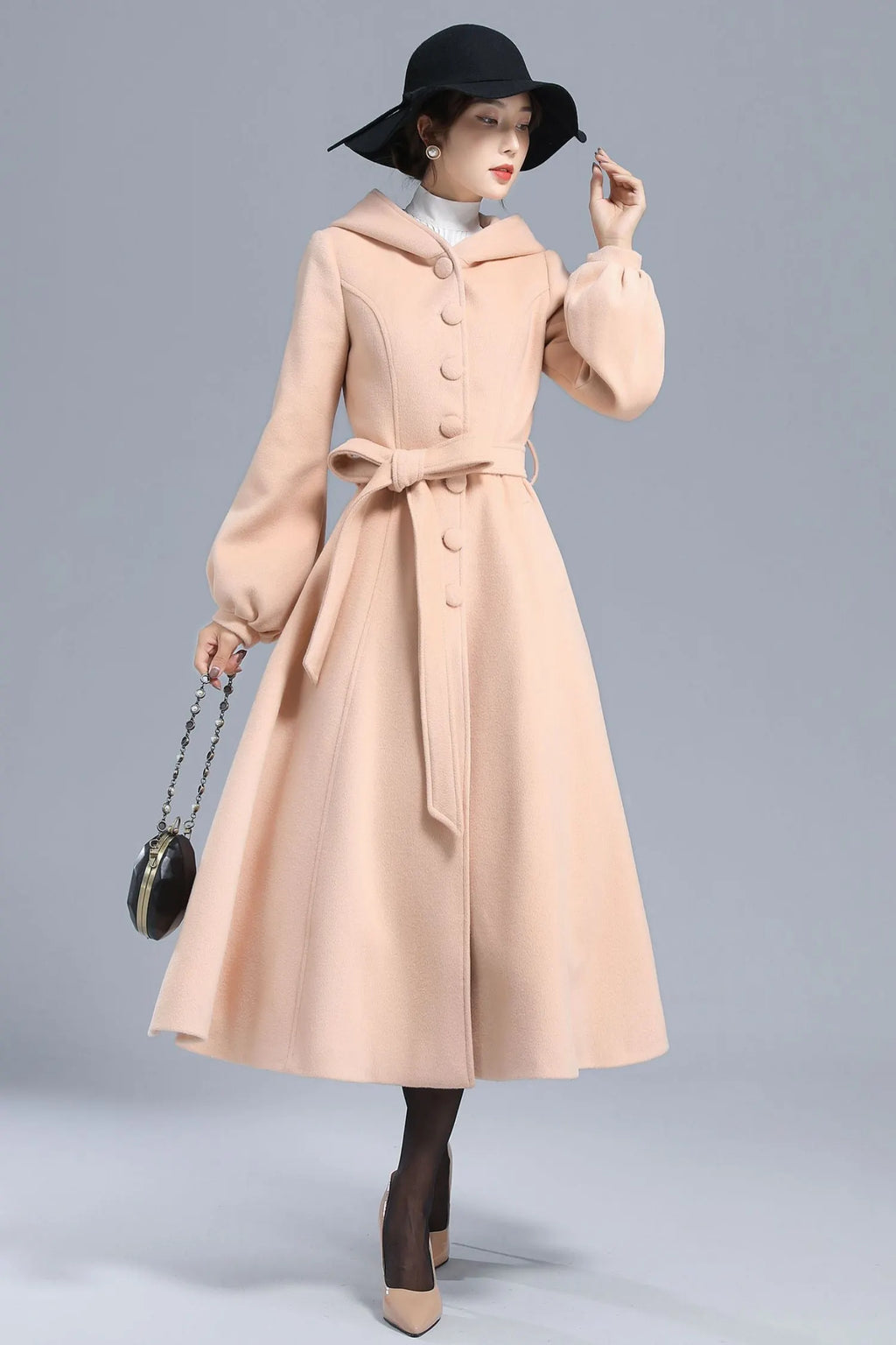Handmade Wool Hooded Coat – Lantern Sleeve Belted Winter Long Overcoat 