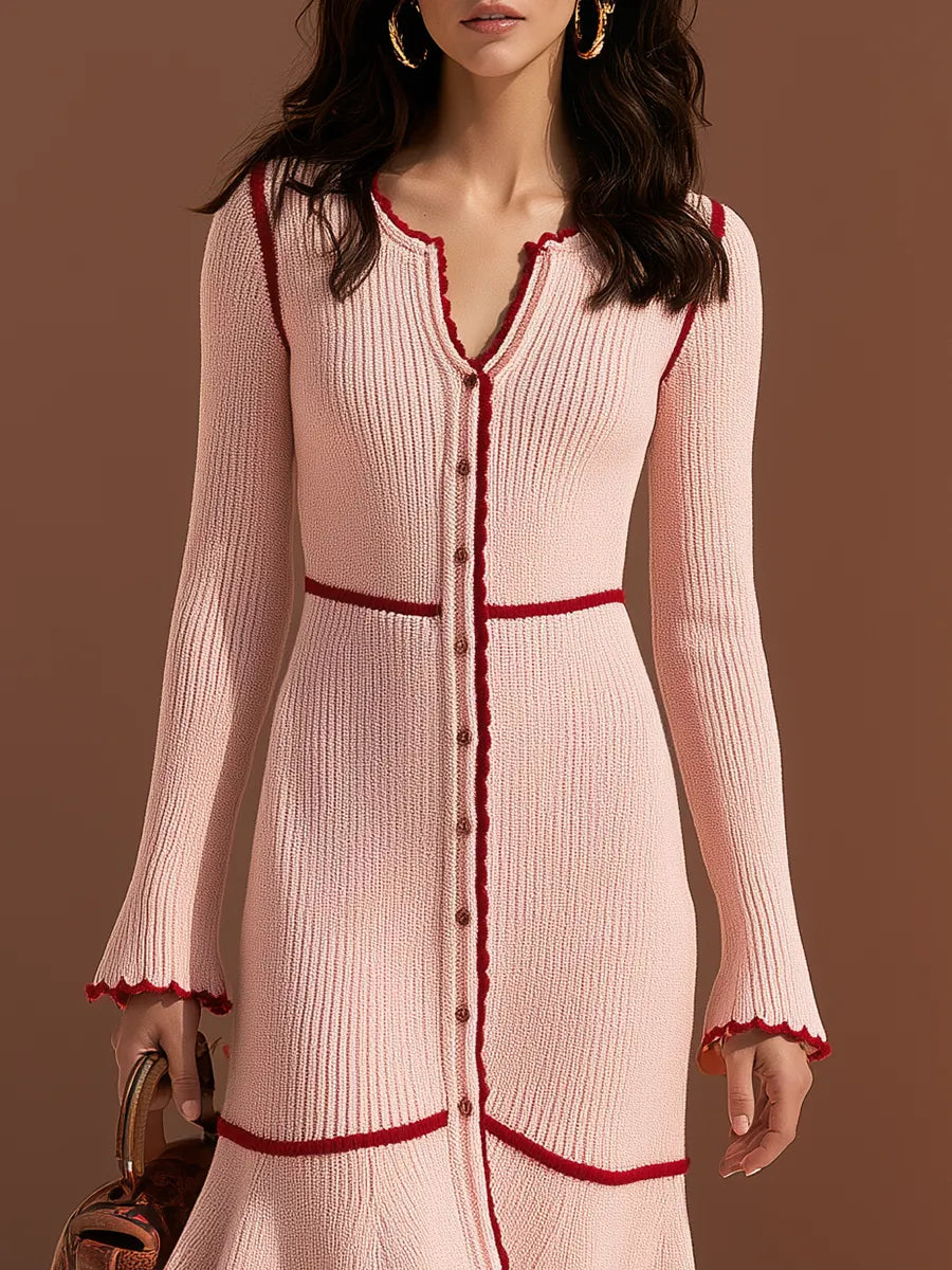 Old Money Vacation Contrast Trim Pink Knitted Maxi Dress