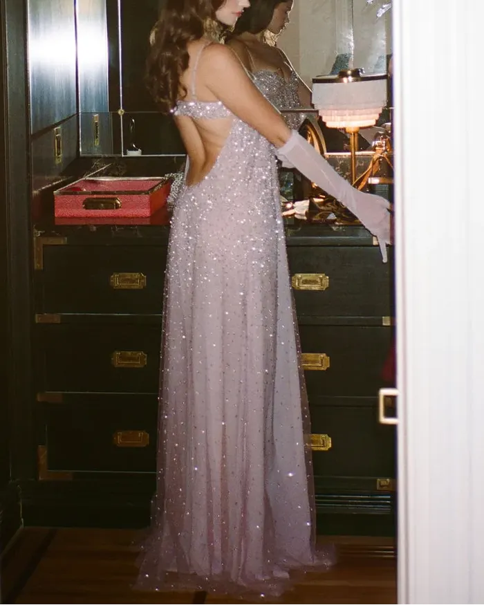 Pink Sequin Tulle Maxi Dress