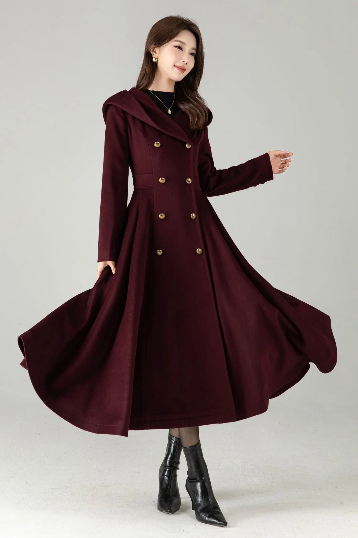 Hooded Burgundy Wool Coat – Elegant Double-Breasted Long Swing Coat 