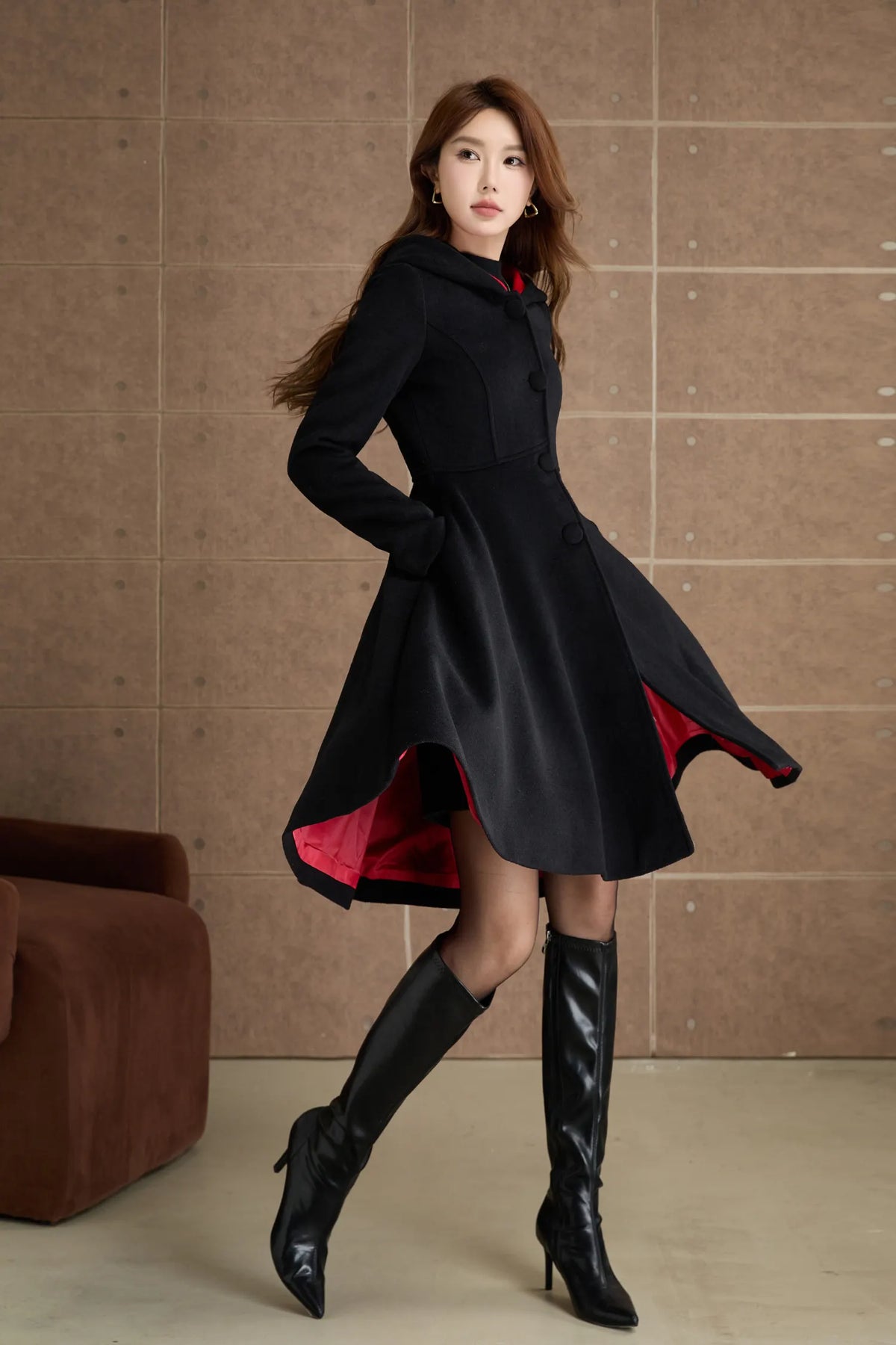 Black Wool Fit and Flare Coat - Hooded Silhouette with Satin Lining 5363