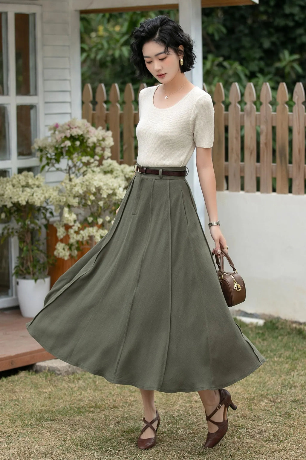 Xiaolizi Army Green Linen Midi Skirt – Vintage High Waist A-Line 6695