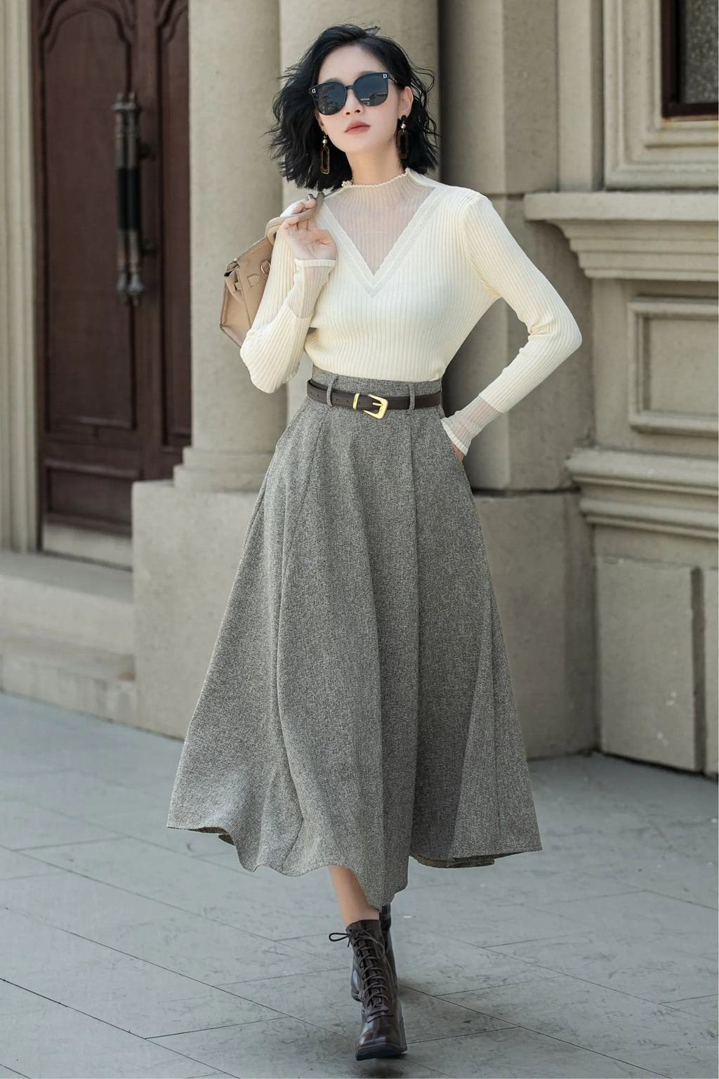 Gray Wool A-Line Midi Skirt - High Waist with Pockets 5313