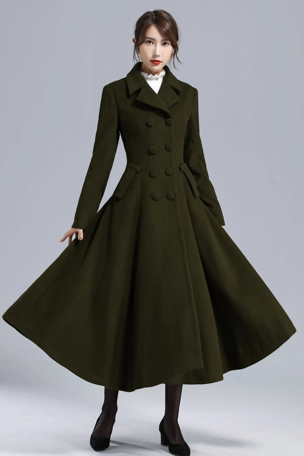 Forest Green Wool Maxi Coat – Vintage Fit and Flare Double Breasted Overcoat 5497