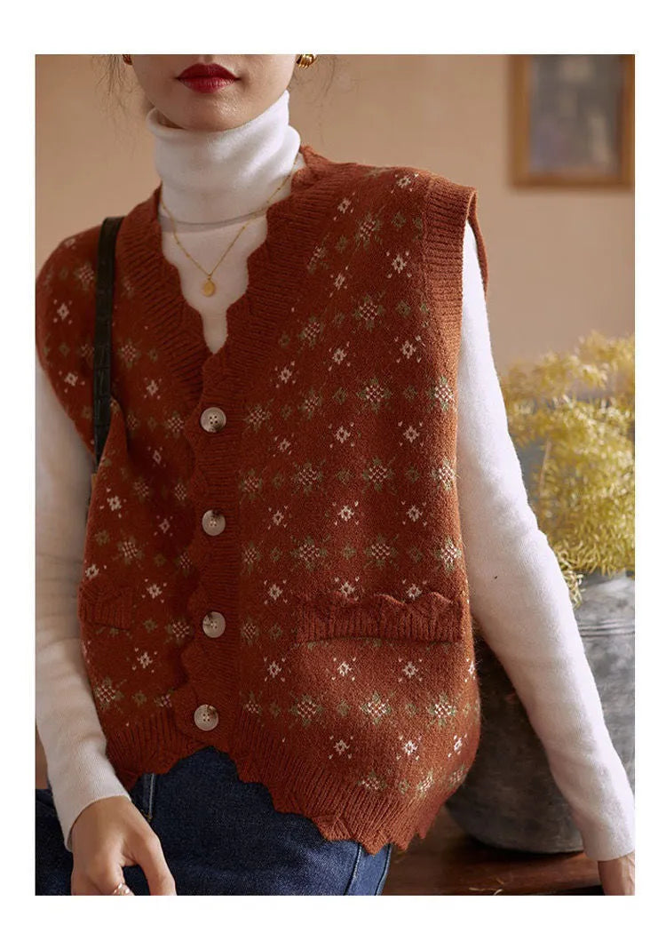 KittenAlarm - Floral Design Vintage V-Neck Vest Sweater