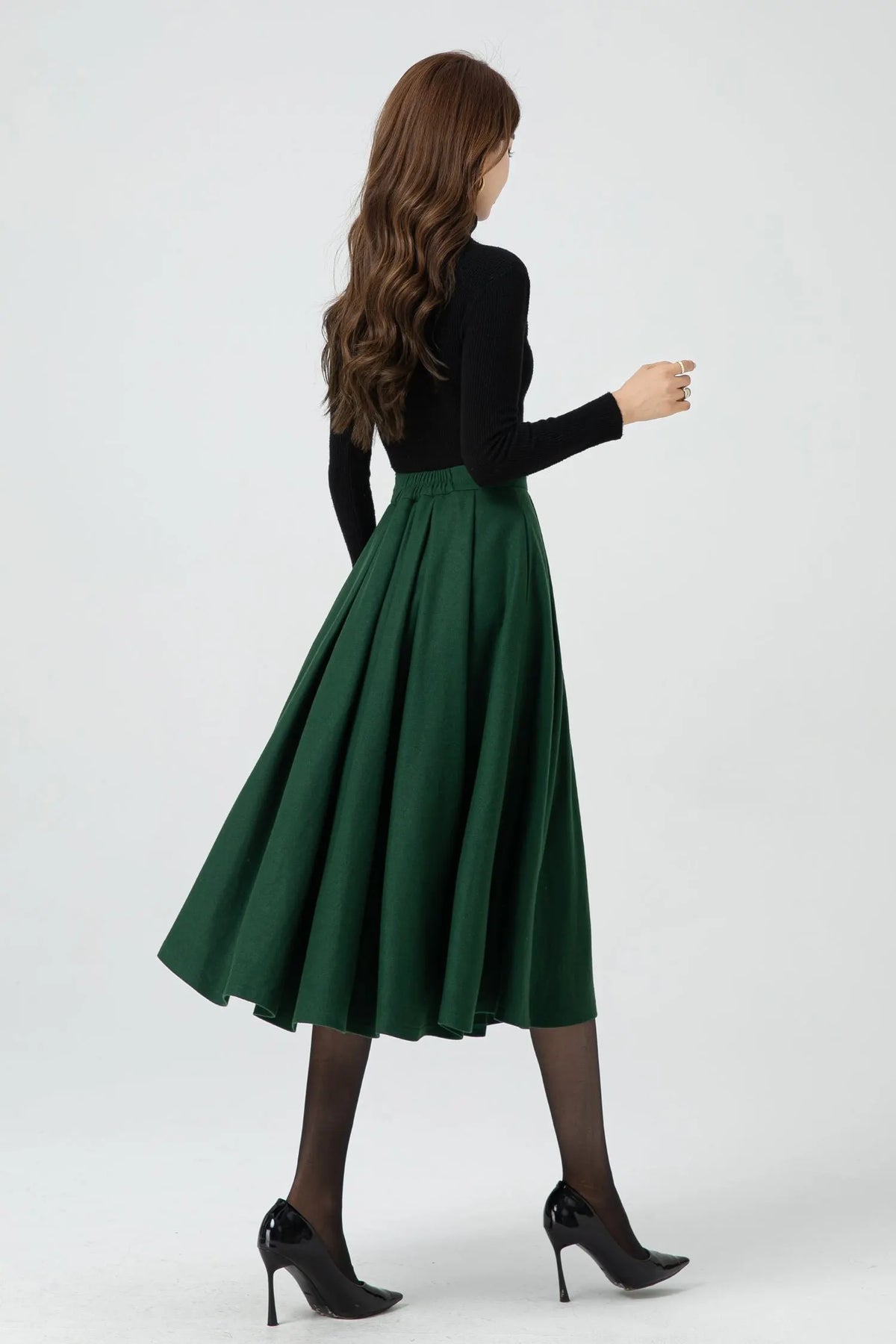 Green Wool Midi Skirt - Button Front Pleated Circle Skirt 5322