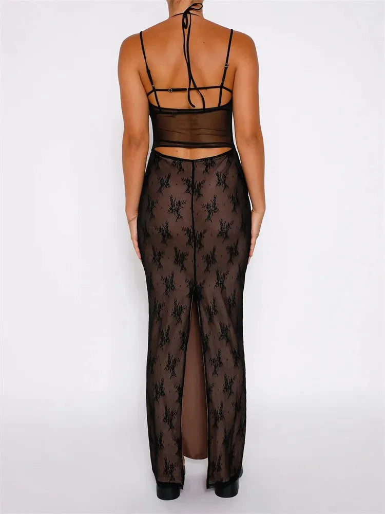 Sexy Women Lace Sleeveless Strap Sling Party Club Mesh See Through Hollow Out Slim Fit Vestidos