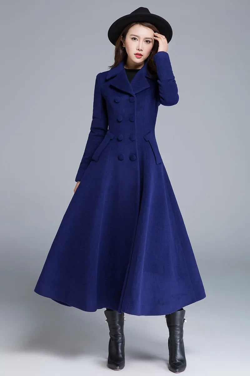 Blue Wool Winter Coat – Double Breasted Long Overcoat with Pockets  1685