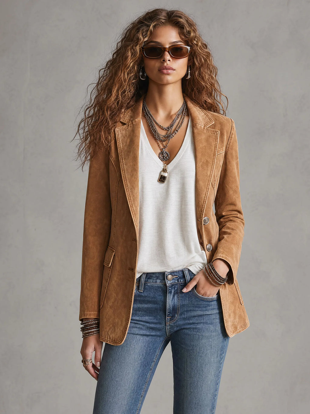 Casual Retro Camel Denim Blazer