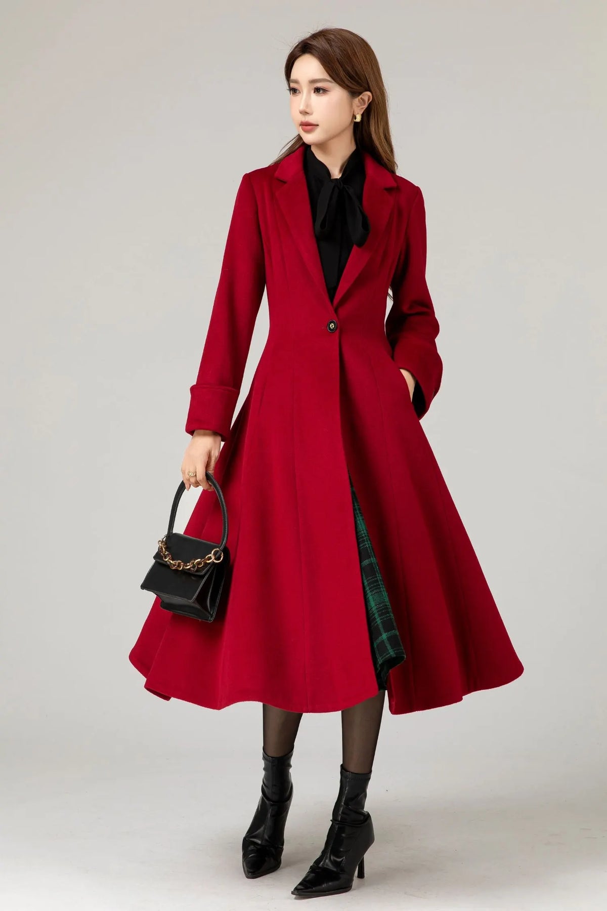 Red Wool Princess Coat - Fitted Waist, Flared Silhouette 5480