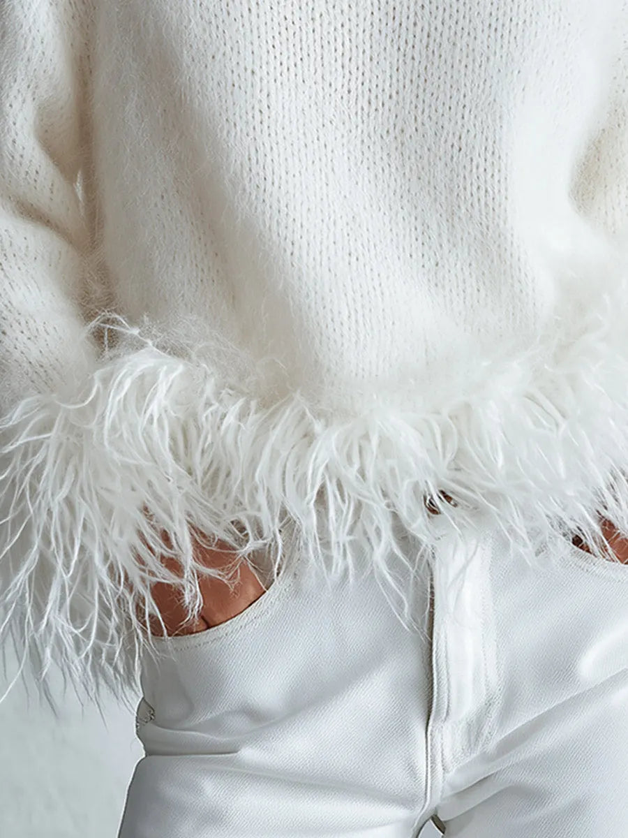 Classic Down-Proof Hem White Mohair Turtleneck Sweater