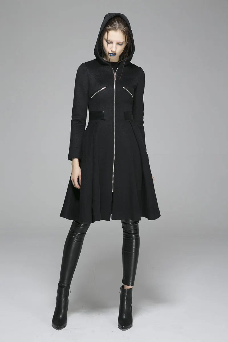 Black Wool Hooded Winter Coat – Handmade Retro Zipper Jacket 1361