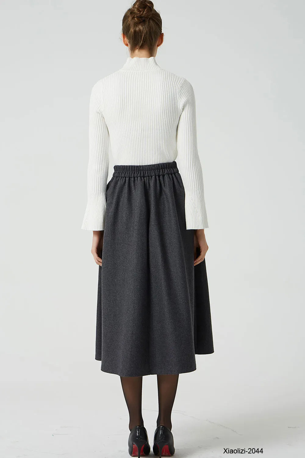 Gray Wool Midi Skirt - Pleated with Elastic Waist and Pockets 2044