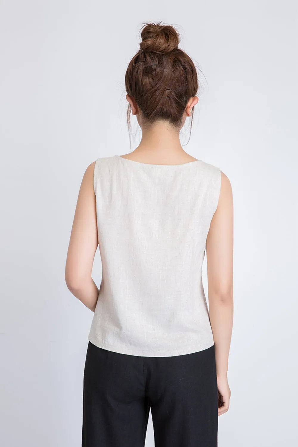 Beige Linen Blend Tank Top - Scoop Neck, Loose Fit 1945