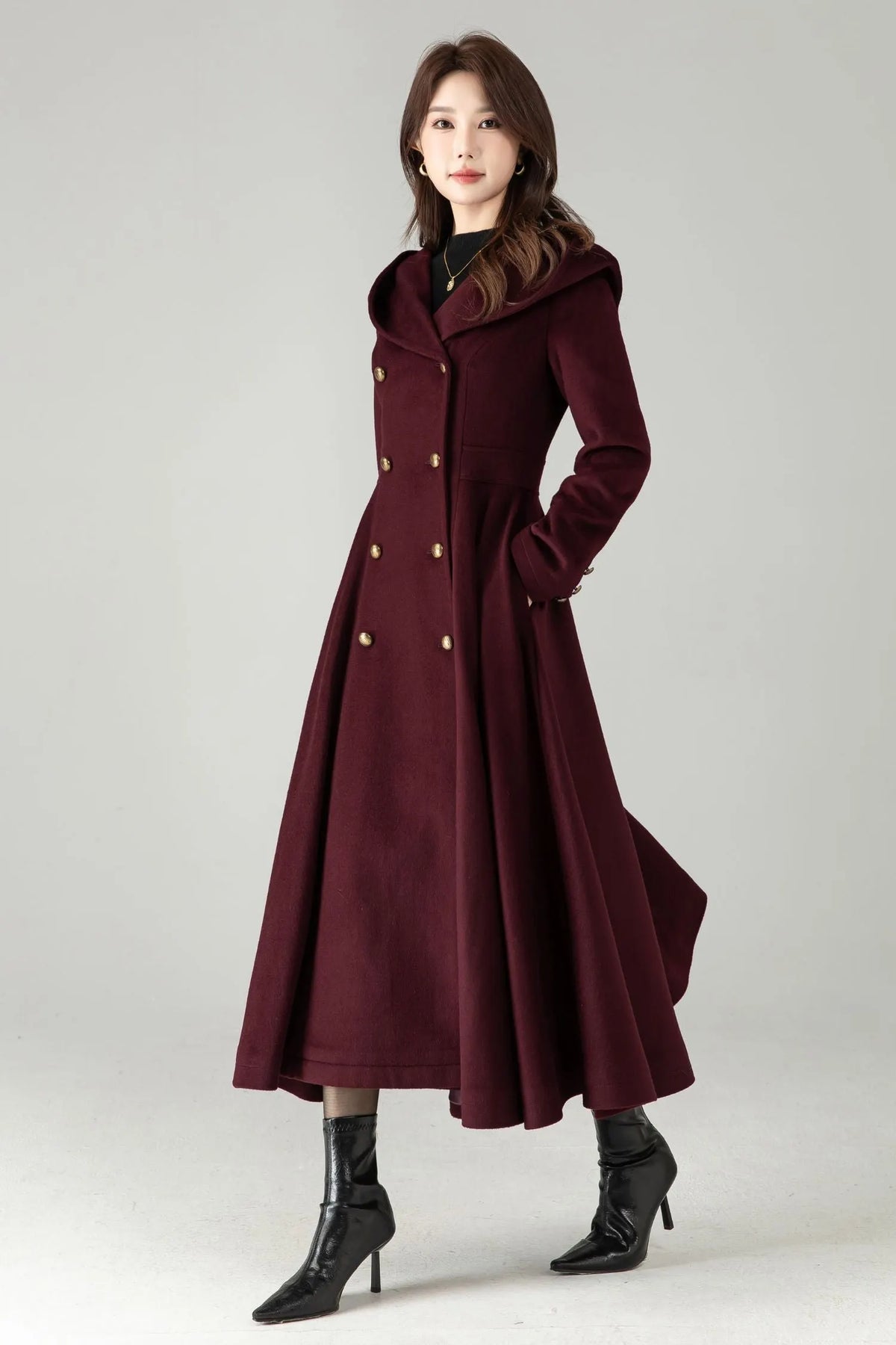 Hooded Burgundy Wool Coat – Elegant Double-Breasted Long Swing Coat 