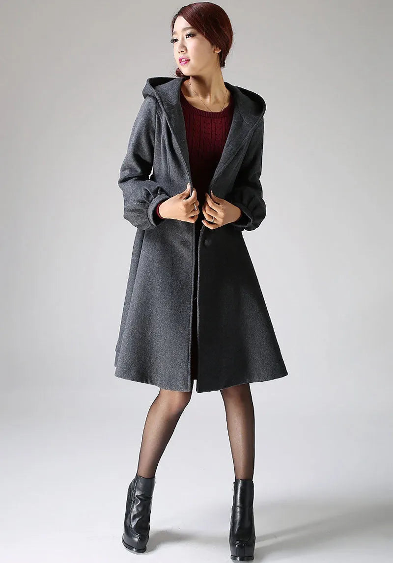 Dark Gray Wool Swing Coat - Hooded with Tie Waist and Lantern Sleeves 1073
