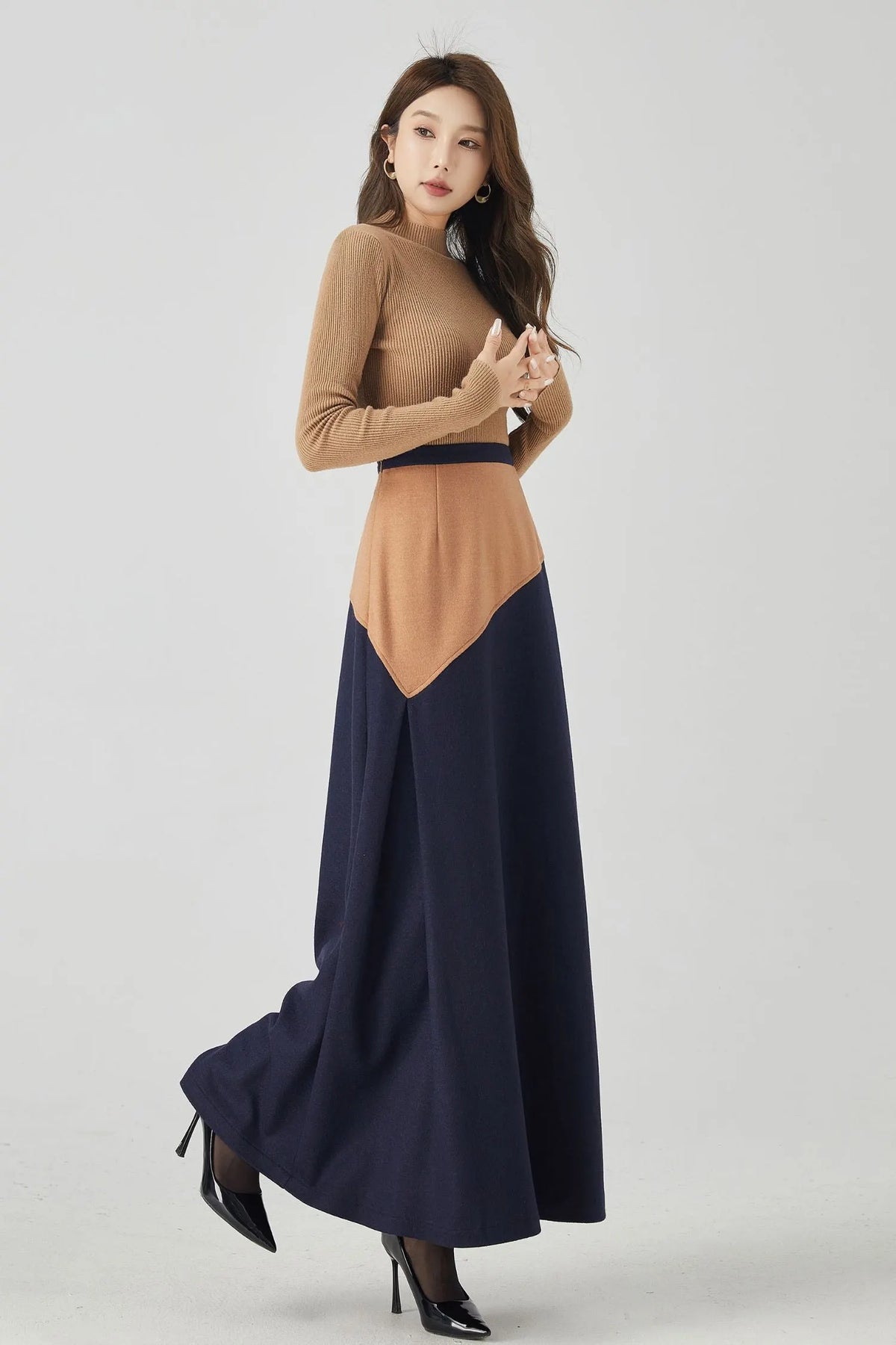 Camel and Navy Wool A-Line Maxi Skirt - Patchwork Slimming Fit 4537