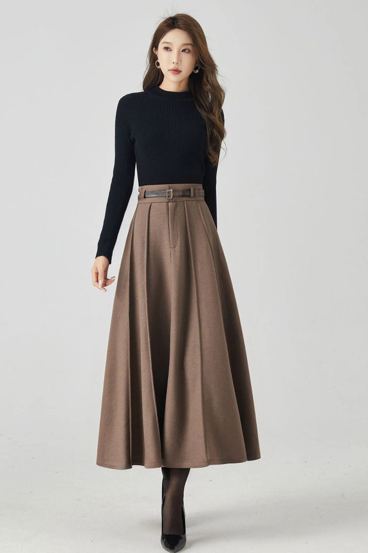Handmade Wool Pleated Midi Skirt – High Waist Brown Winter Skirt 