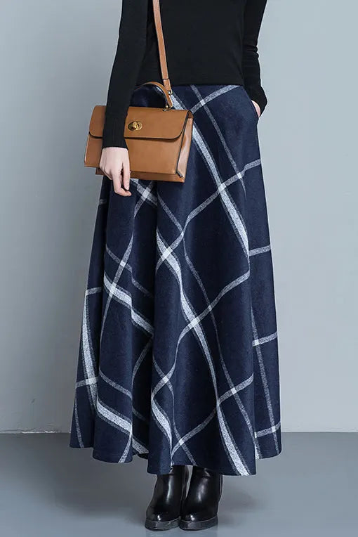 Navy Wool Plaid Maxi Skirt - Full Flowy Silhouette 3915